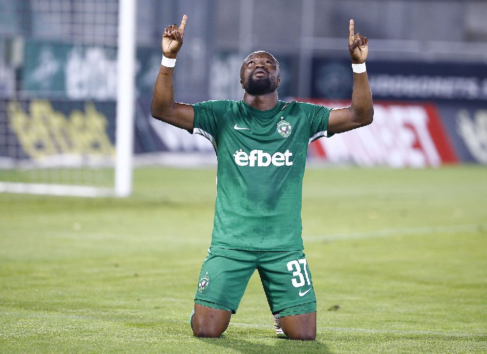 Ghana forward Bernard Tekpetey reacts after Ludogorets progress in